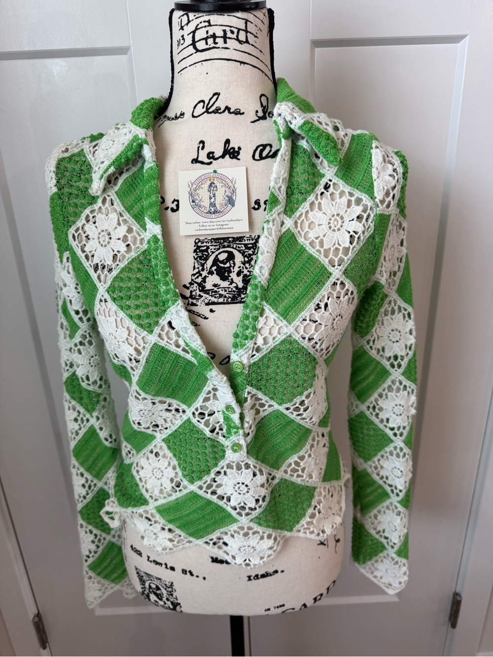 ZARA Green & White Patchwork Crochet Top – Cottagecore Boho – Size XS